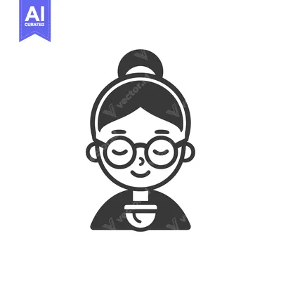 Premium design asset: Black and White Icon of a Smiling Woman with Glasses and Hair Up