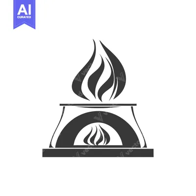 Aset desain premium: Black and white icon of a wood-fired oven with flames