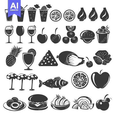 Aset premium populer: Black and White Icons of Various Foods and Drinks