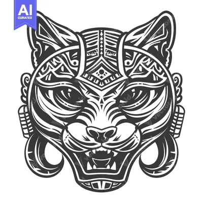 Aset premium populer: Black and White Illustrated Cat Head with Tribal Patterns