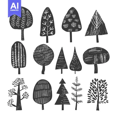 Premium design asset: Black and White Illustrated Collection of Different Tree Shapes