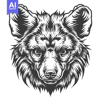 Aset desain premium: Black and White Illustrated Head of a Bush Dog