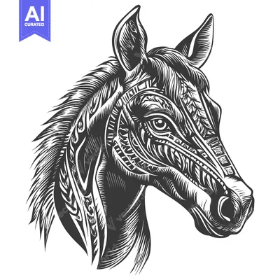 Premium design asset: Black and White Illustrated Horse Head with Tribal Patterns