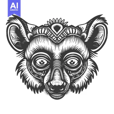 Aset desain premium: Black and White Illustrated Lemur Face with Detailed Ornamentation