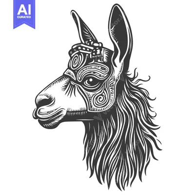 Premium design asset: Black and White Illustrated Llama Head with Intricate Pattern