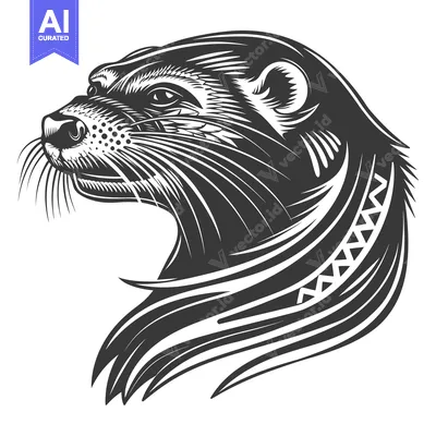 Premium design asset: Black and White Illustrated Otter Head with Fur Detail