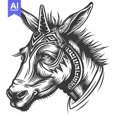 Aset premium populer: Black and White Illustrated Portrait of a Donkey with Ornamental Detai