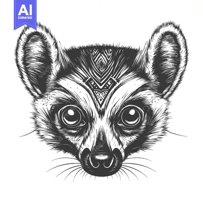 Aset desain premium: Black and White Illustrated Portrait of a Lemur with Tribal Design on