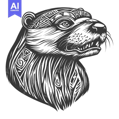 Aset premium populer: Black and White Illustrated Portrait of an Otter with Tribal Pattern