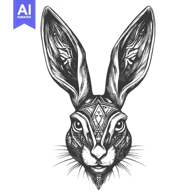 Premium design asset: Black and White Illustrated Rabbit Head with Geometric Pattern