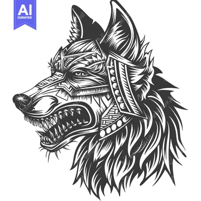 Aset premium populer: Black and White Illustrated Wolf Head with Tribal Design