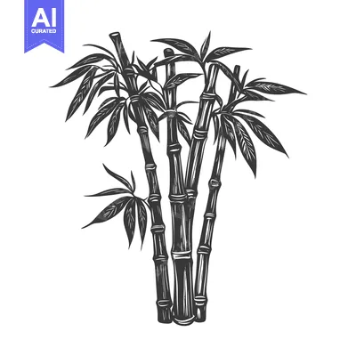Aset desain premium: Black and White Illustration of a Bamboo Plant with Leaves