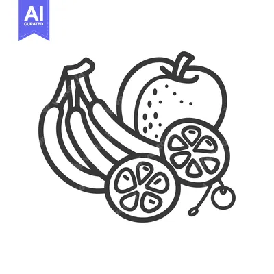 Aset premium populer: Black and White Illustration of a Banana, Apple, and Orange Slices