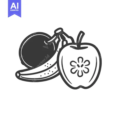 Aset desain premium: Black and white illustration of a banana, apple, and plum