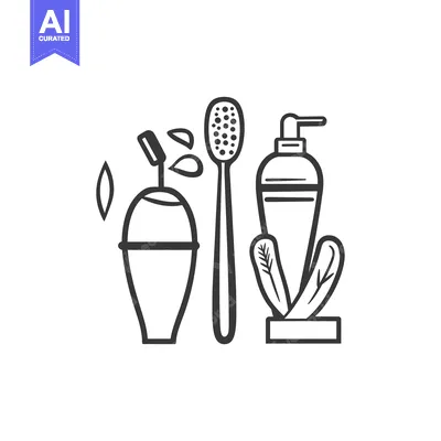 Aset desain premium: Black and White Illustration of a Bathroom Set with a Scrub Brush, Soa