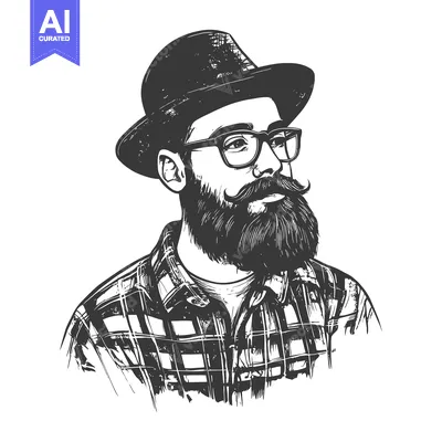 Popular premium asset: Black and white illustration of a bearded man wearing a hat, glasses,