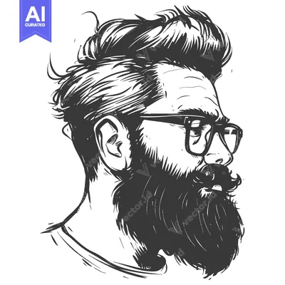 Aset desain premium: Black and White Illustration of a Bearded Man Wearing Glasses