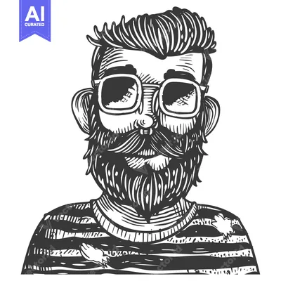 Aset desain premium: Black and White Illustration of a Bearded Man Wearing Sunglasses
