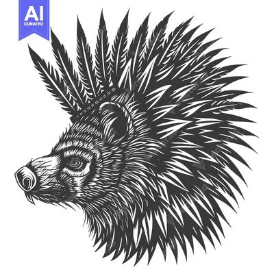 Aset premium populer: Black and White Illustration of a Bear Head with Feathers