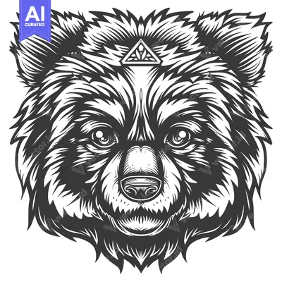 Aset premium populer: Black and White Illustration of a Bear's Head with a Geometric Symbol