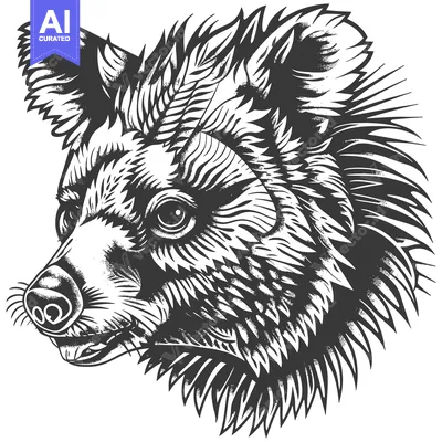 Aset premium populer: Black and White Illustration of a Bear's Head with Detailed Fur