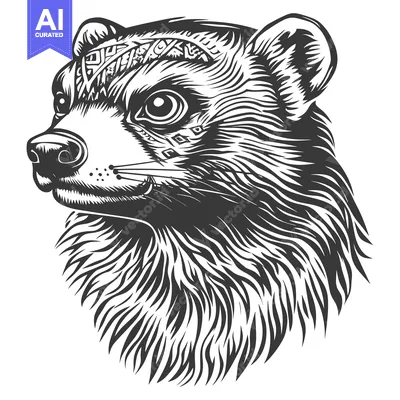 Premium design asset: Black and White Illustration of a Bear's Head with Detailed Fur and Pa