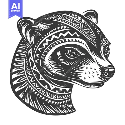 Aset desain premium: Black and White Illustration of a Bear's Head with Tribal Pattern