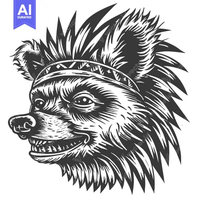 Aset premium populer: Black and White Illustration of a Bear with a Native American Headdres