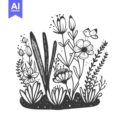 Aset desain premium: Black and White Illustration of a Bird Flying Over a Field of Flowers