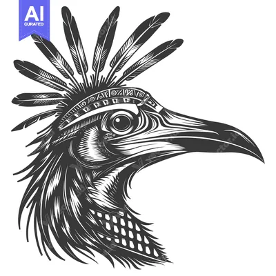 Aset desain premium: Black and White Illustration of a Bird Head with Feathers and a Headba