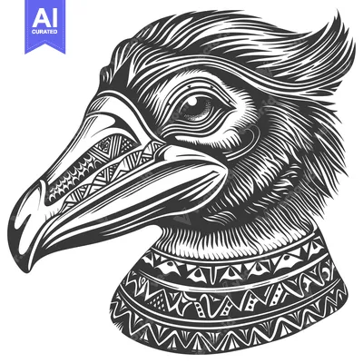 Aset desain premium: Black and White Illustration of a Bird's Head with Intricate Pattern