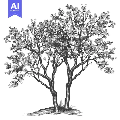 Aset desain premium: Black and White Illustration of a Blooming Tree