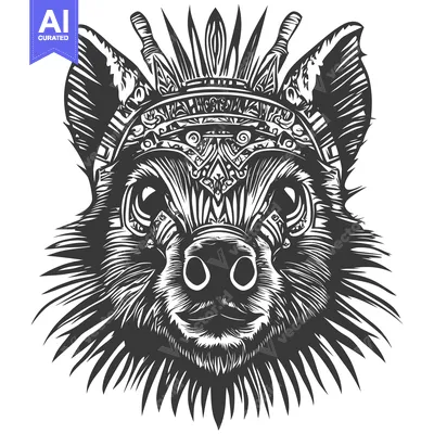 Premium design asset: Black and White Illustration of a Boar's Head with Tribal Design