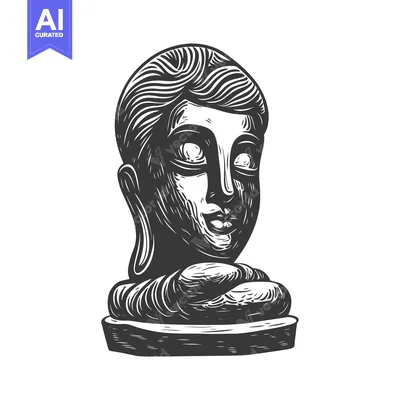 Black and white illustration of a Buddha statue head