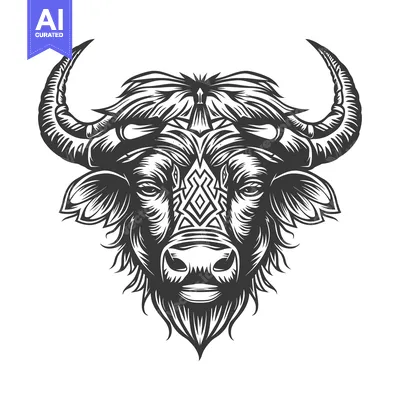Aset desain premium: Black and White Illustration of a Buffalo Head with Tribal Pattern