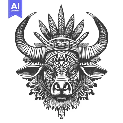 Aset desain premium: Black and White Illustration of a Bull's Head with Feathers