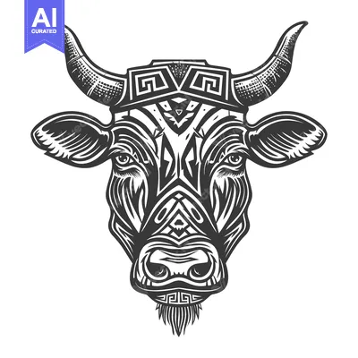 Premium design asset: Black and White Illustration of a Bull's Head with Geometric Pattern