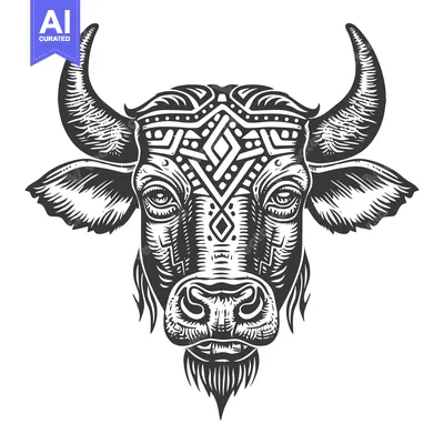Aset desain premium: Black and White Illustration of a Bull's Head with Geometric Patterns