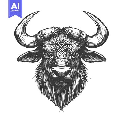 Aset desain premium: Black and White Illustration of a Bull's Head with Horns and a Geometr