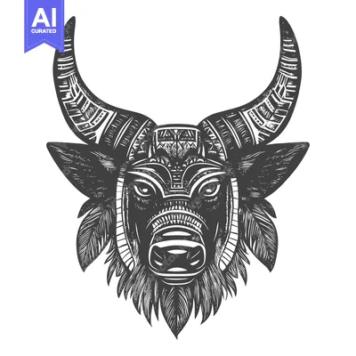 Aset desain premium: Black and White Illustration of a Bull's Head with Ornate Horns and Fe