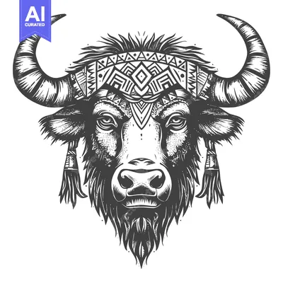 Aset desain premium: Black and White Illustration of a Bull's Head with Tribal Headband