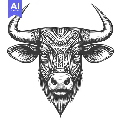 Aset premium populer: Black and White Illustration of a Bull's Head with Tribal Pattern