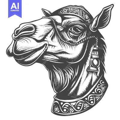 Aset desain premium: Black and White Illustration of a Camel Head with Detailed Ornamentati