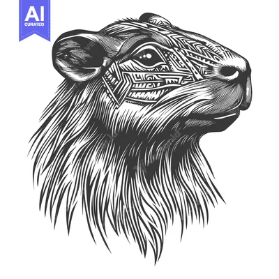 Aset desain premium: Black and White Illustration of a Capybara with Tribal Patterns