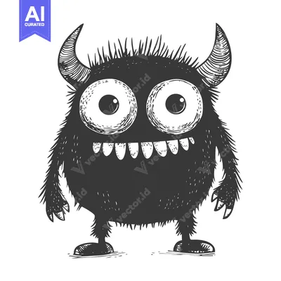 Premium design asset: Black and White Illustration of a Cartoon Monster with Horns and Big E