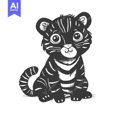 Aset desain premium: Black and White Illustration of a Cartoon Tiger Cub