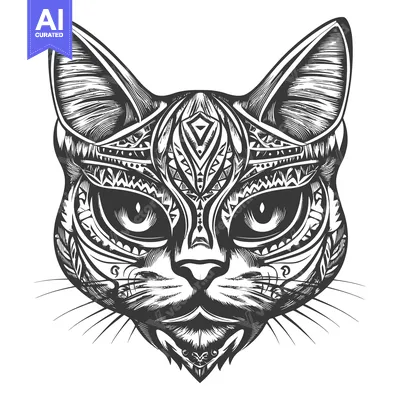 Aset desain premium: Black and White Illustration of a Cat's Face with Tribal Pattern