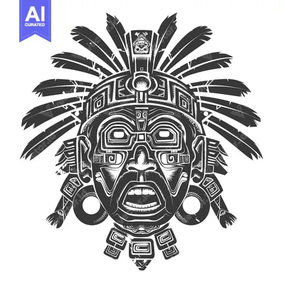 Premium design asset: Black and White Illustration of a Ceremonial Mask with Feathers