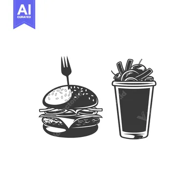 Premium design asset: Black and White Illustration of a Cheeseburger and French Fries