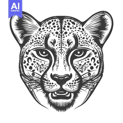 Aset desain premium: Black and White Illustration of a Cheetah's Head